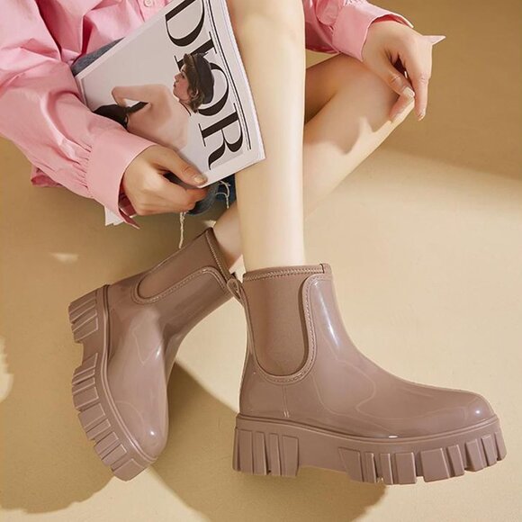 Women's Brown Ankle Boots Waterproof Platform Rubber Chelsea Comfortable Shoes - Picture 5 of 6